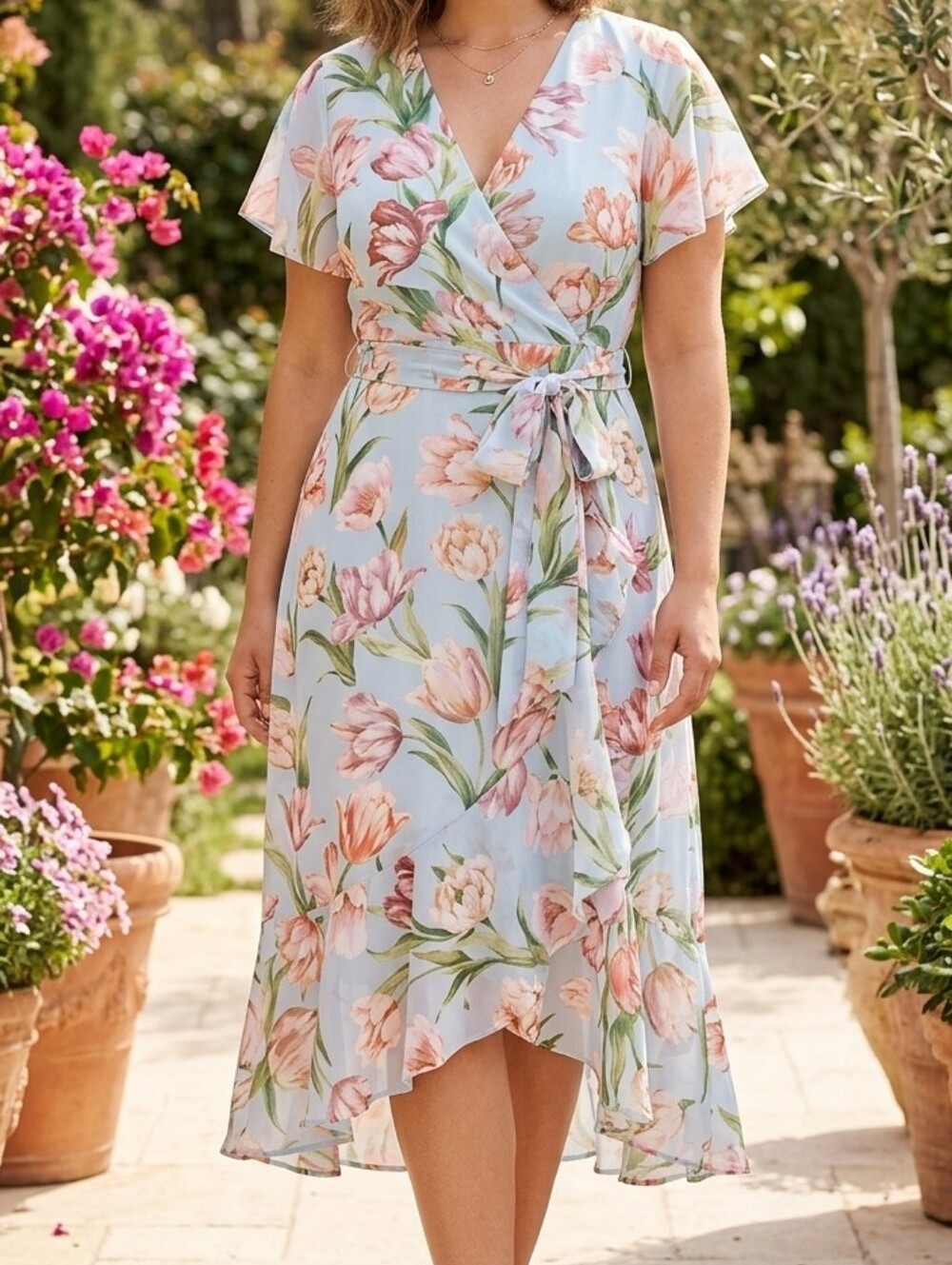 Blue Midi Dress Floral Size 4 LAURA Boho V Neck Flutter Sleeves